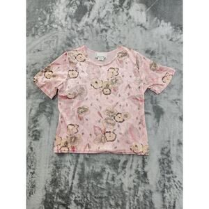 Vintage 90s PSE Velvet Glitter Floral Short Sleeve Top Size L Pink Stretch
